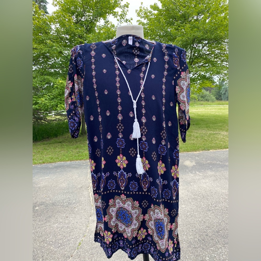 Halife Dress Women's Medium Blue Multi Print Boho Tassel Tie Casual Pullover